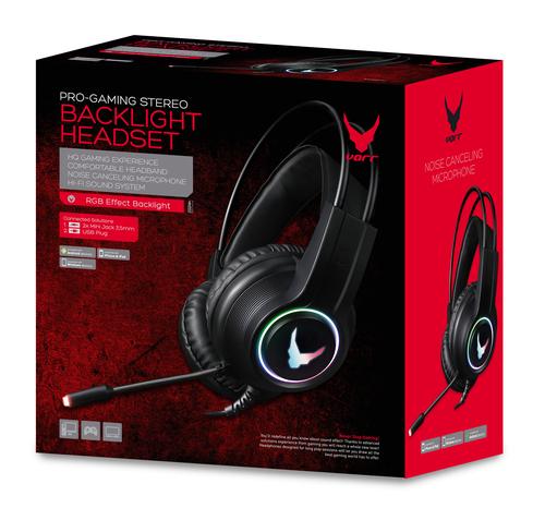Varr Pro Gaming 3.5mm Headset with RGB Backlight, Microphone Boom (with illuminated tip, noise reduction function and 360° rotation), 15mW speakers, 2x 3.5mm, Integrated 2.1m cable, Black