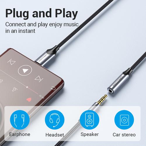 Vention USB-C Male to 3.5MM Earphone Jack With DAC Adapter 0.1M Gray Aluminum Alloy Type