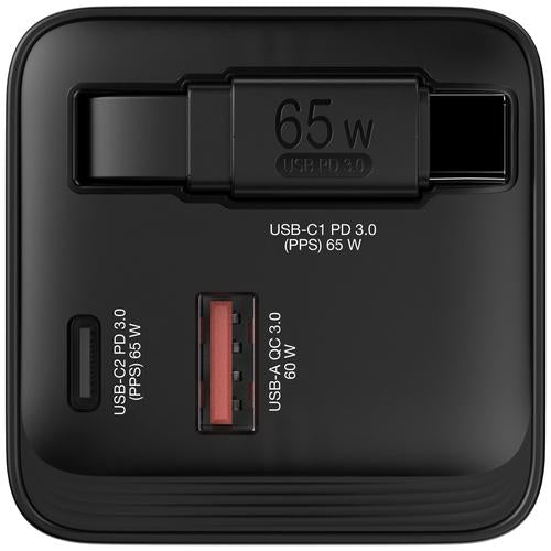 Verbatim GaN Charger 65W 2 Port retractable cable display US plugs with EU and UK adaptors