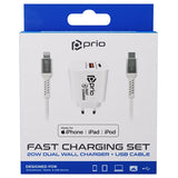 Prio MFi iPhone oplader Hurtig ladning sæt (20W Dual Wall Charger + Lightning kabel) Hvid